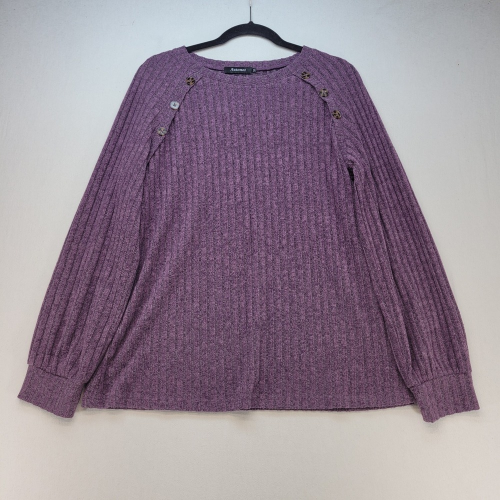Automet Ribbed Knit Top Womens XL Purple Button Detail Long Sleeve